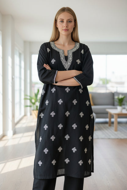Women Cotton Suits with Kashmiri Hand Embroidery Two Piece Suit - Black