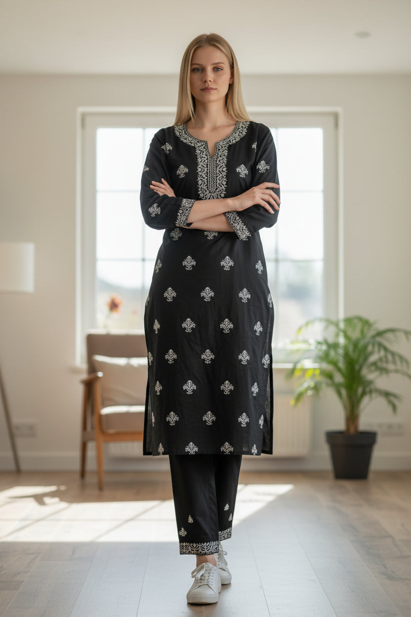 Women Cotton Suits with Kashmiri Hand Embroidery Two Piece Suit - Black