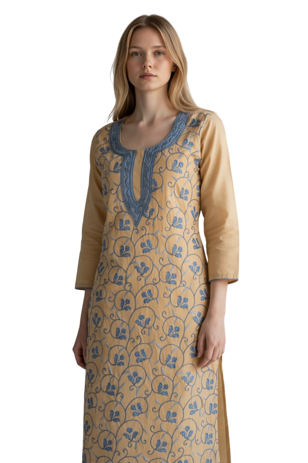Women Cotton Suits with Hand Kashmiri Embroidery Unstitched Dress Material Salwar Suits -Beige