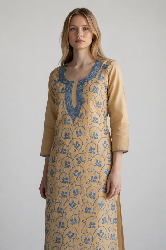Women Cotton Suits with Hand Kashmiri Embroidery Unstitched Dress Material Salwar Suits -Beige