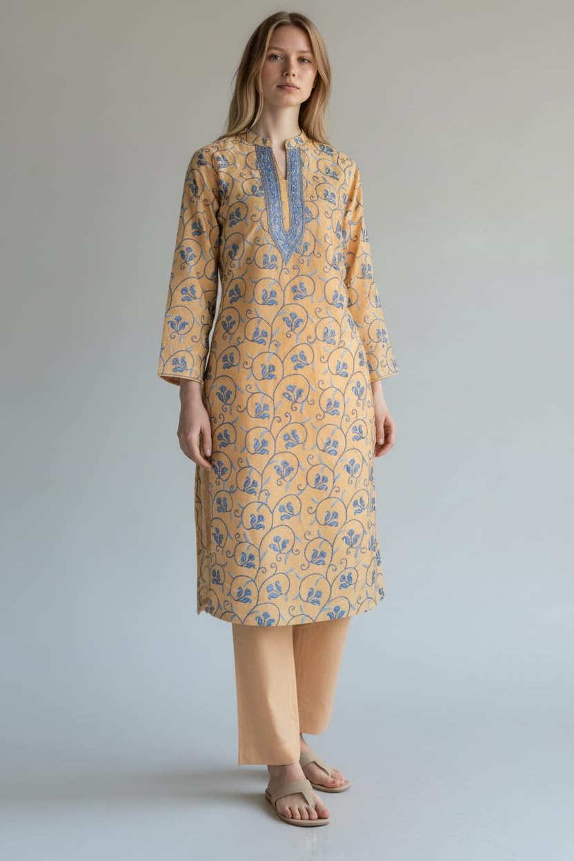 Women Cotton Suits with Hand Kashmiri Embroidery Unstitched Dress Material Salwar Suits -Beige
