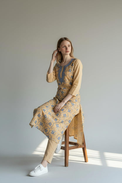 Women Cotton Suits with Hand Kashmiri Embroidery Unstitched Dress Material Salwar Suits -Beige