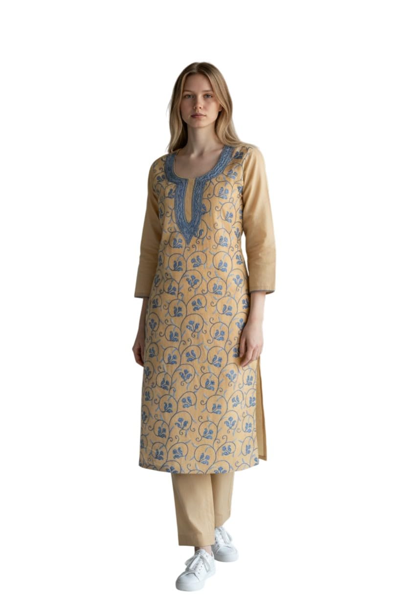 Women Cotton Suits with Hand Kashmiri Embroidery Unstitched Dress Material Salwar Suits -Beige