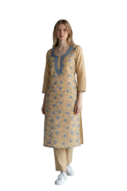 Women Cotton Suits with Hand Kashmiri Embroidery Unstitched Dress Material Salwar Suits -Beige