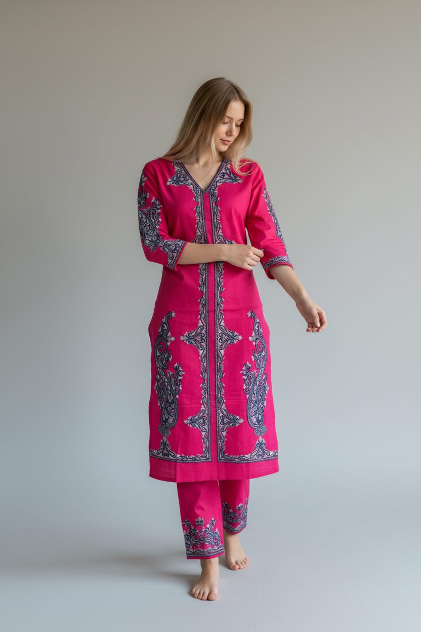 Women Cotton Suits with Hand Kashmiri Embroidery Unstitched Dress Material - Pink2
