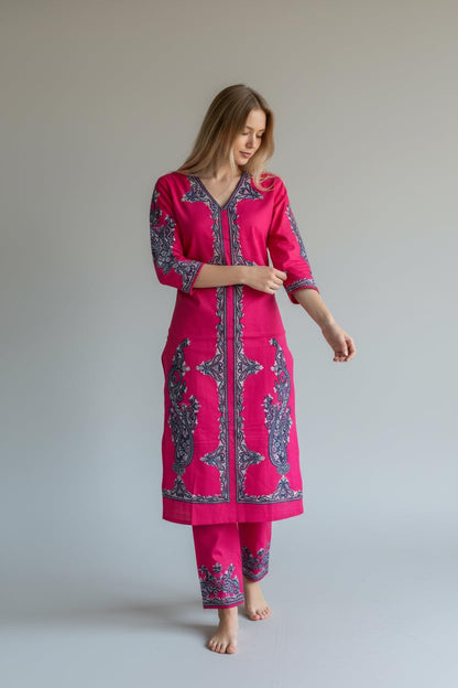 Women Cotton Suits with Hand Kashmiri Embroidery Unstitched Dress Material - Pink2