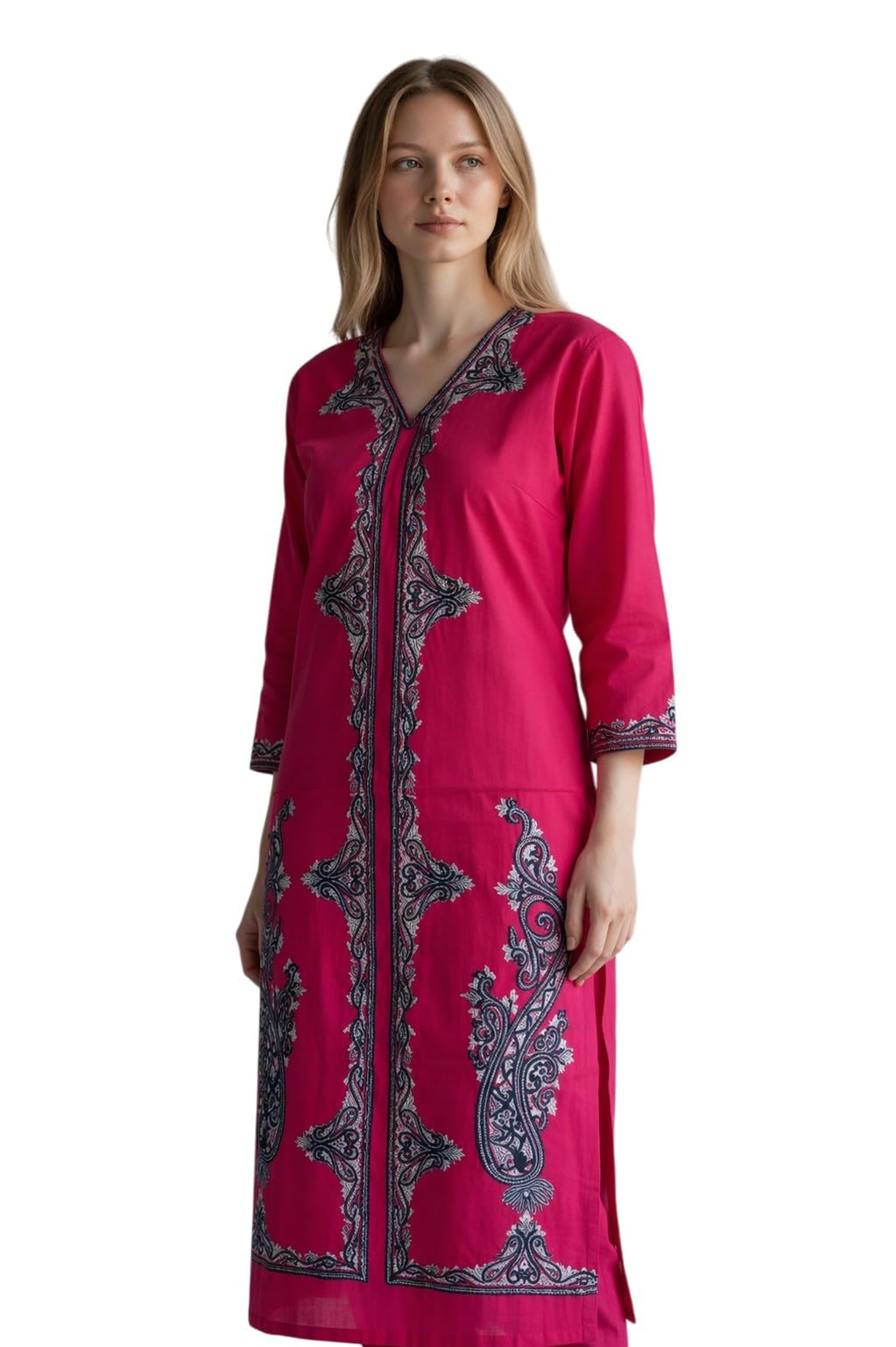 Women Cotton Suits with Hand Kashmiri Embroidery Unstitched Dress Material - Pink2