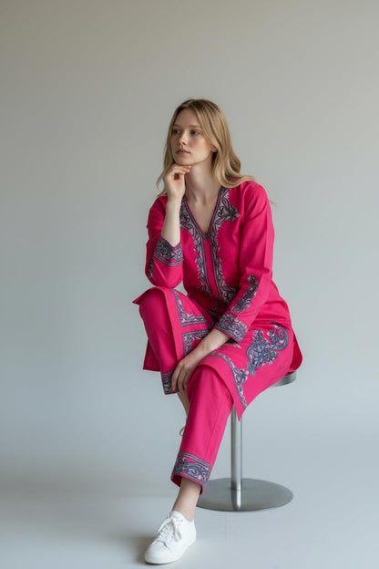 Women Cotton Suits with Hand Kashmiri Embroidery Unstitched Dress Material - Pink2