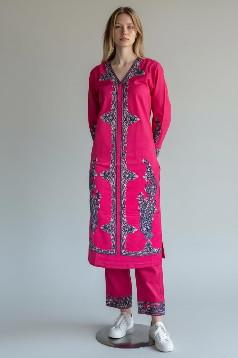 Women Cotton Suits with Hand Kashmiri Embroidery Unstitched Dress Material - Pink2