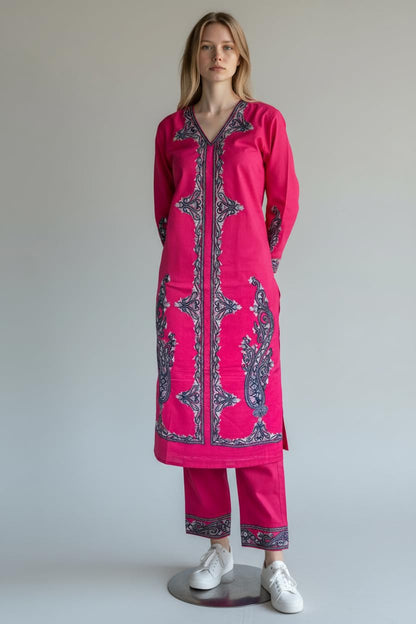 Women Cotton Suits with Hand Kashmiri Embroidery Unstitched Dress Material - Pink2