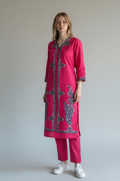 Women Cotton Suits with Hand Kashmiri Embroidery Unstitched Dress Material - Pink2