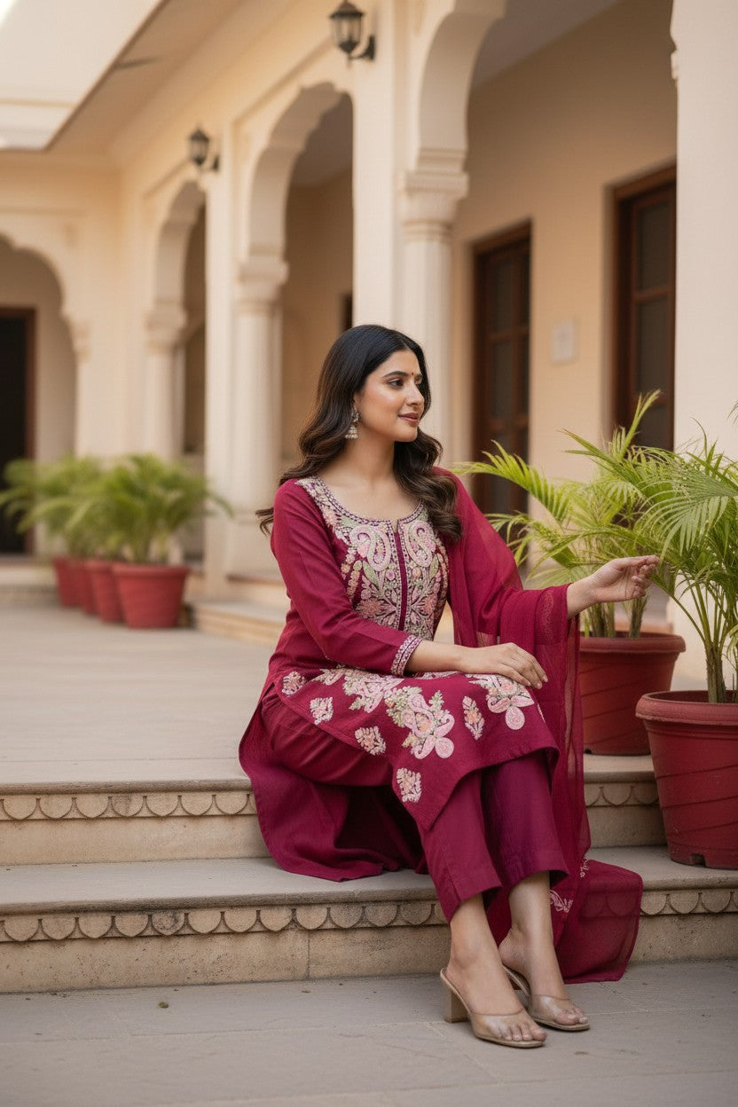 Women Cotton Suits with Kashmiri Embroidery Three Piece Suit - Tomato Red