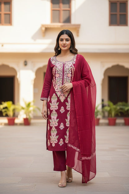 Women Cotton Suits with Kashmiri Embroidery Three Piece Suit - Tomato Red