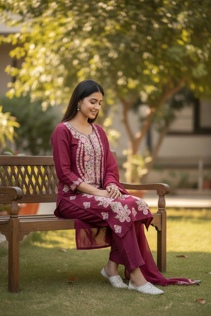Women Cotton Suits with Kashmiri Embroidery Three Piece Suit - Tomato Red