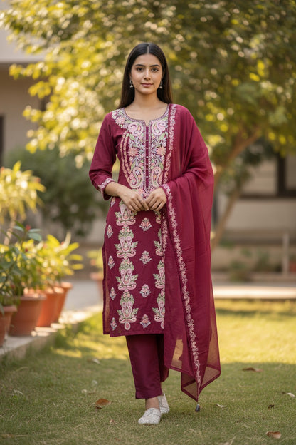 Women Cotton Suits with Kashmiri Embroidery Three Piece Suit - Tomato Red