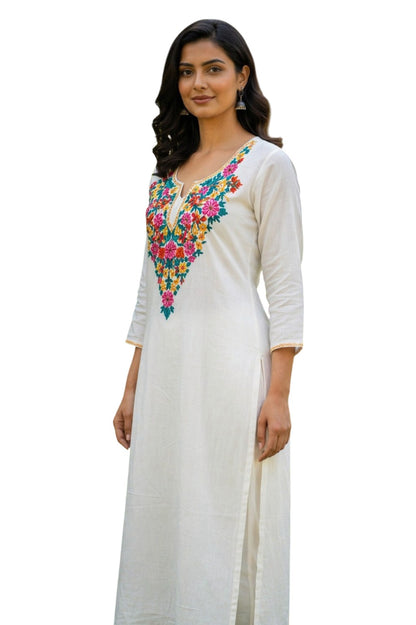Women Cotton Suits with Hand Kashmiri Embroidery Unstitched - White
