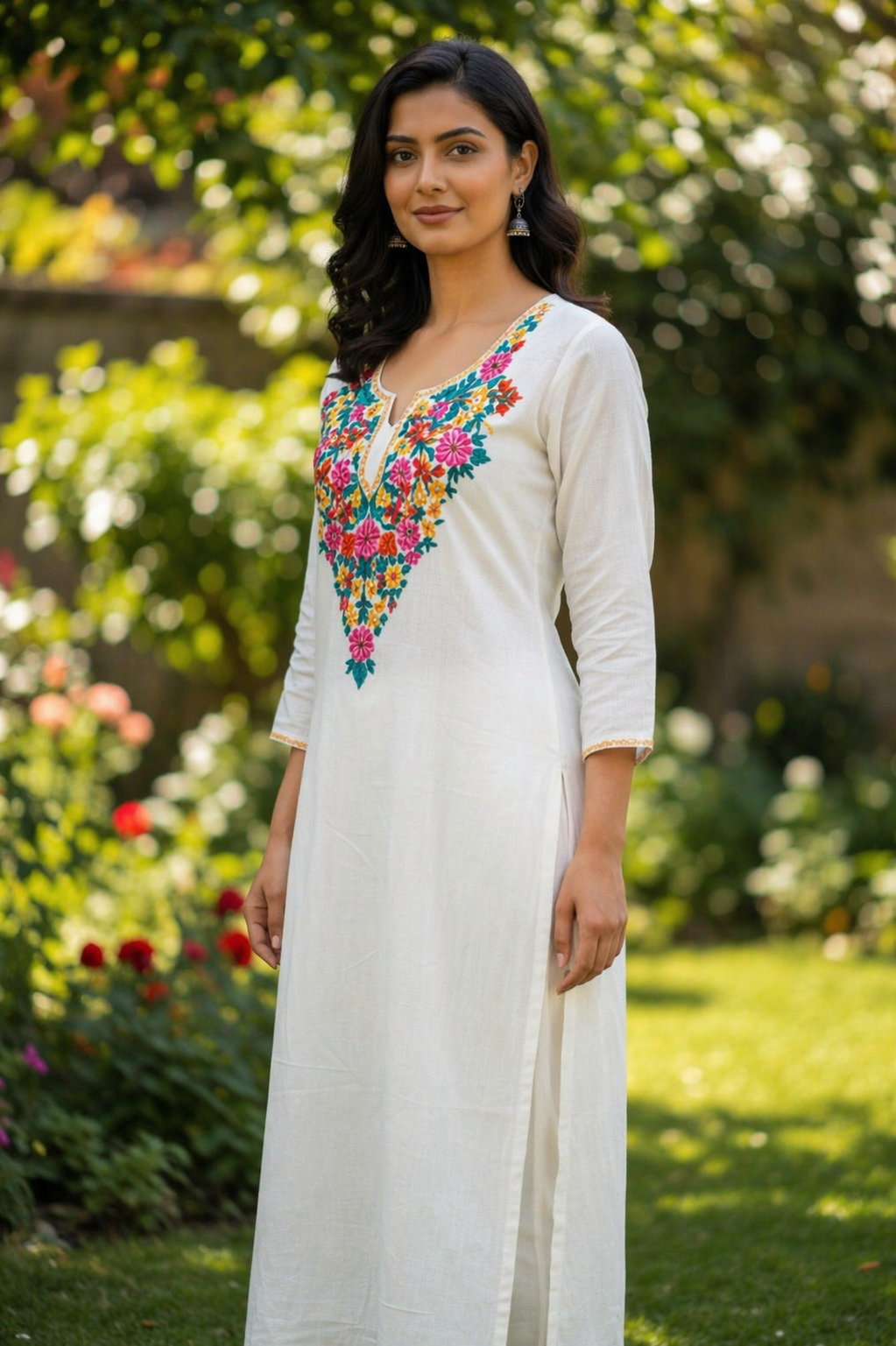 Women Cotton Suits with Hand Kashmiri Embroidery Unstitched - White