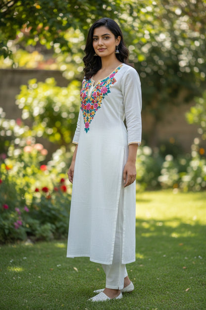 Women Cotton Suits with Hand Kashmiri Embroidery Unstitched - White