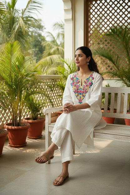 Women Cotton Suits with Hand Kashmiri Embroidery Unstitched - White