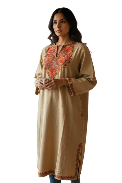 Kashmir Gallery beige woolen pheran with traditional Aari embroidery on neckline and cuffs. Long sleeves, V-neck.