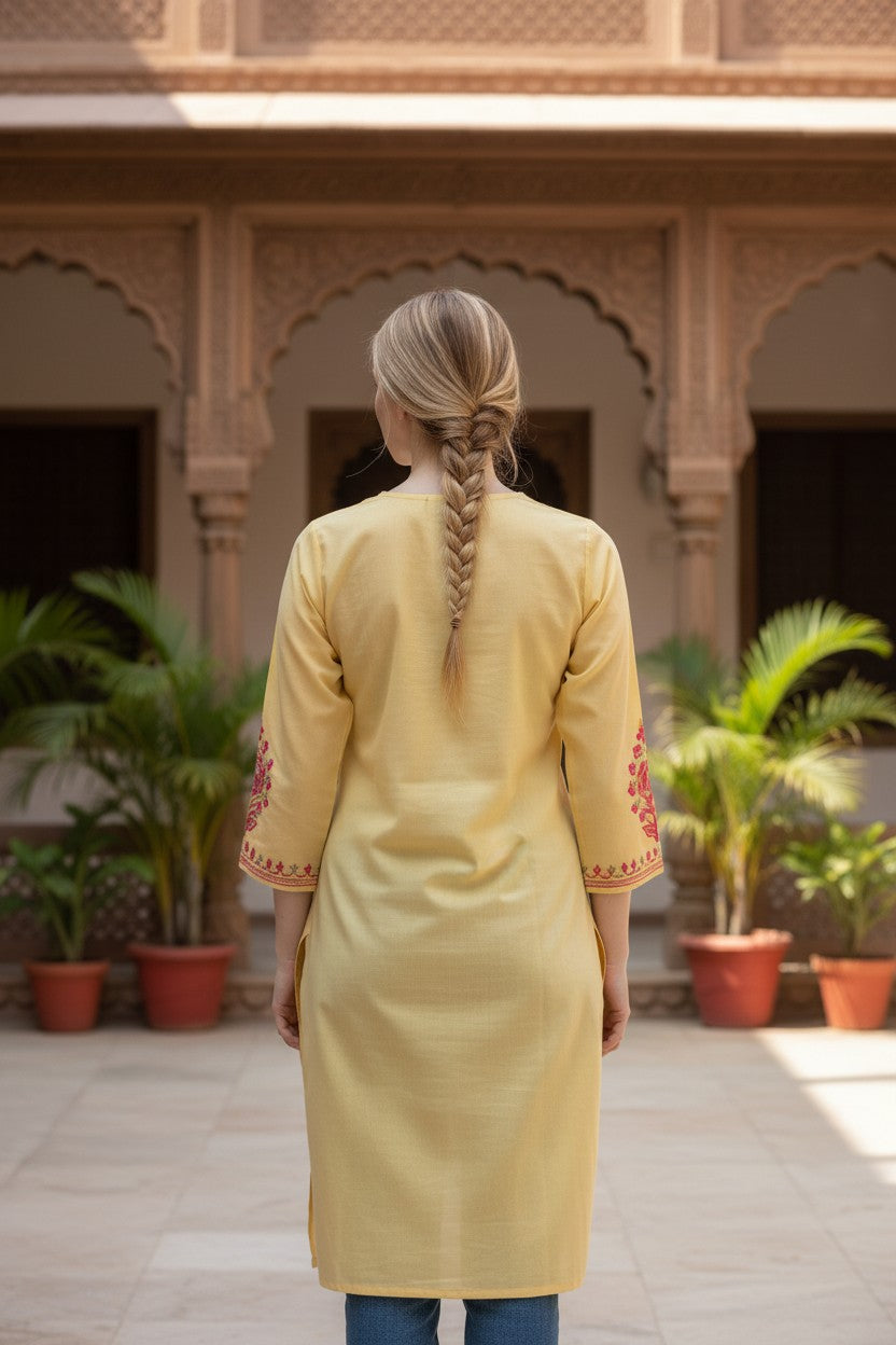 Kashmiri Kurti for Women Cotton Kurti with Embroidery - M | Beige-4