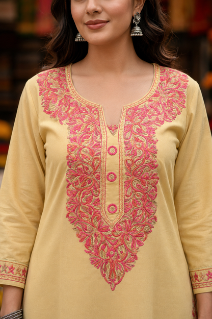 Kashmiri Kurti for Women Cotton Kurti with Embroidery - M | Beige-4