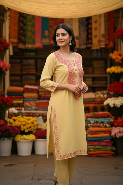 Kashmiri Kurti for Women Cotton Kurti with Embroidery - M | Beige-4