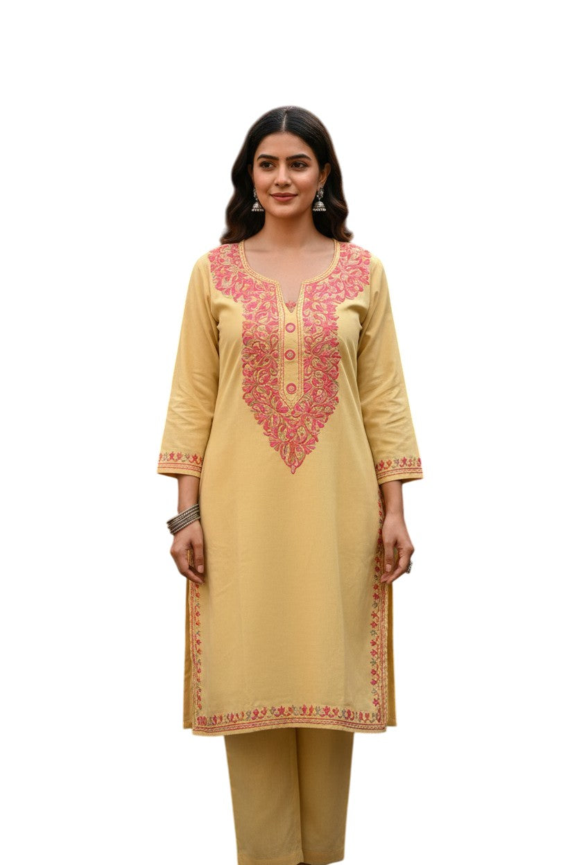 Kashmiri Kurti for Women Cotton Kurti with Embroidery - M | Beige-4