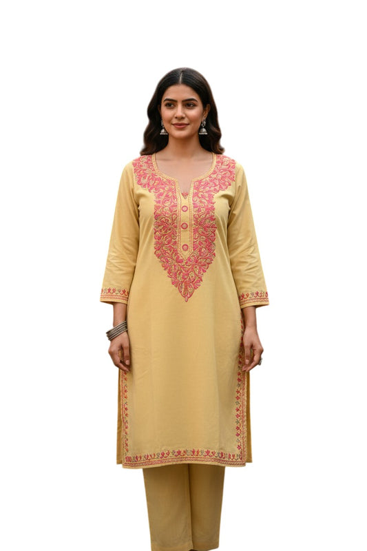 Kashmiri Kurti for Women Cotton Kurti with Embroidery - M | Beige-4