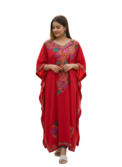 Kashmiri Cotton Kaftan For Women with Aari Embroidery | Rayon Cotton Hand Embroidered Kaftan Dress  - Pink