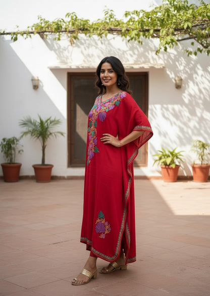 Kashmiri Cotton Kaftan For Women with Aari Embroidery | Rayon Cotton Hand Embroidered Kaftan Dress  - Pink