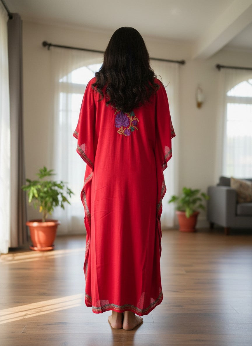 Kashmiri Cotton Kaftan For Women with Aari Embroidery | Rayon Cotton Hand Embroidered Kaftan Dress  - Pink