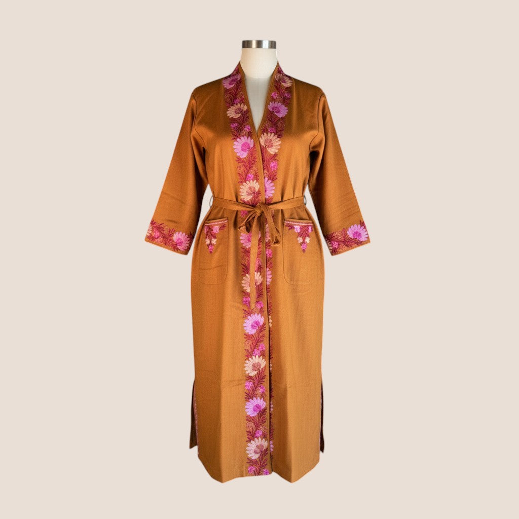 Women Woolen Nightgown Dressing Gown Maxi with Kashmiri Charming Embroidery Free Size (Wool Blend, Mustard-1)