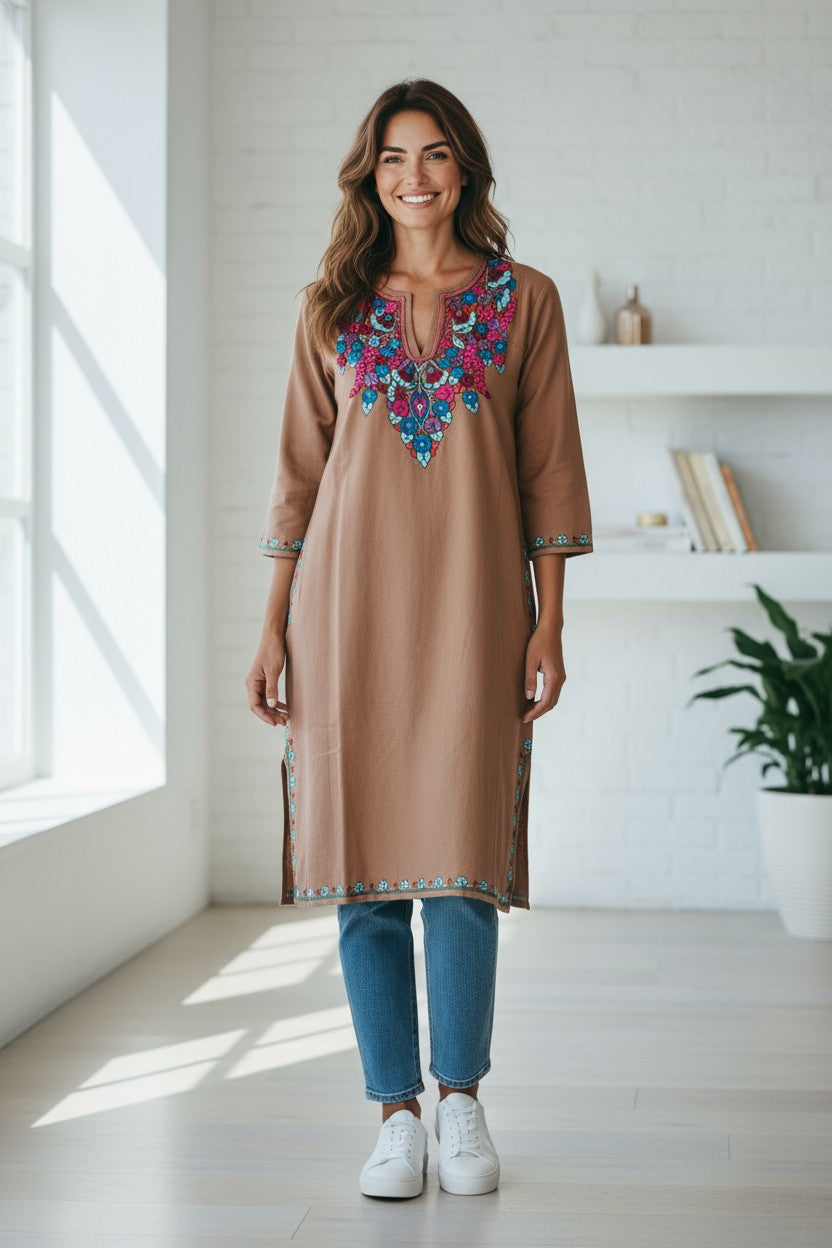 Kashmiri Woolen Pheran with Traditional Embroidery - Grey