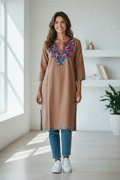 Kashmiri Woolen Pheran with Traditional Embroidery - Grey