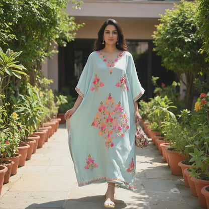 Kashmiri Kaftan For Women Nightgown Maxi Crepe Kaftan with Aari Embroidery Free Size- Sky Blu