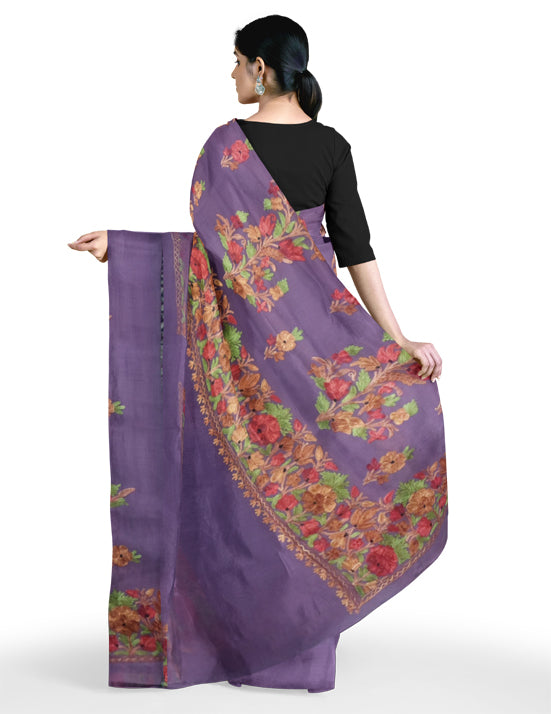 Women's Silk Sarees Embroidered with Kashmiri Aari work | Stylish Saree with Unstitched Blouse Pieces. (Geogrette_Purple-1)
