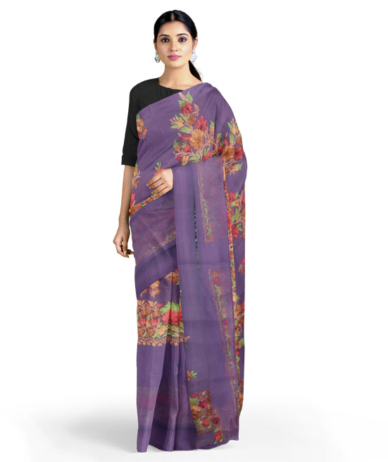 Women's Silk Sarees Embroidered with Kashmiri Aari work | Stylish Saree with Unstitched Blouse Pieces. (Geogrette_Purple-1)