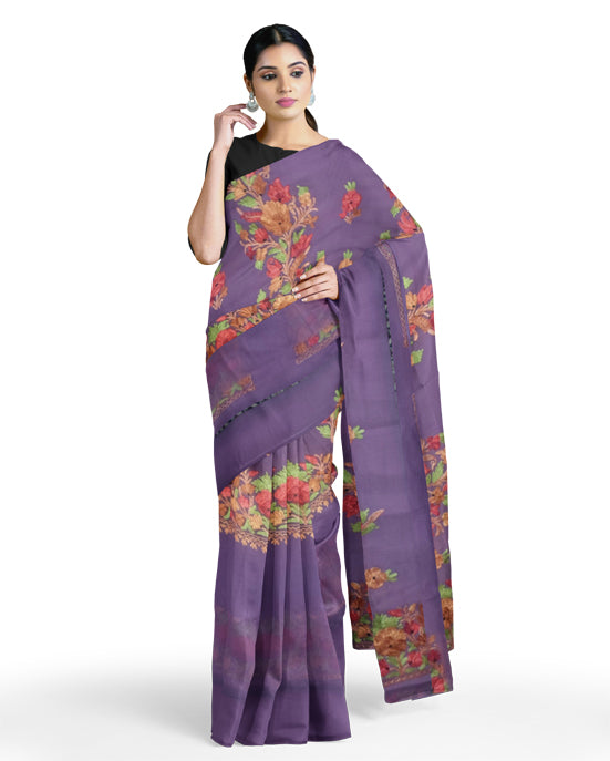 Women's Silk Sarees Embroidered with Kashmiri Aari work | Stylish Saree with Unstitched Blouse Pieces. (Geogrette_Purple-1)