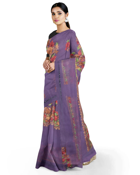 Women's Silk Sarees Embroidered with Kashmiri Aari work | Stylish Saree with Unstitched Blouse Pieces. (Geogrette_Purple-1)