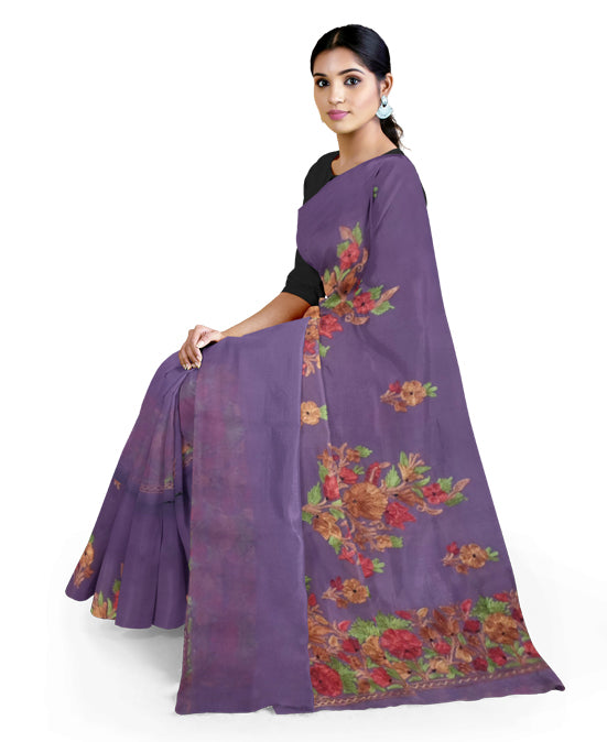 Women's Silk Sarees Embroidered with Kashmiri Aari work | Stylish Saree with Unstitched Blouse Pieces. (Geogrette_Purple-1)
