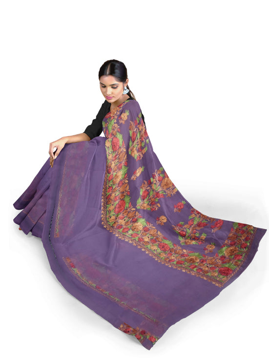 Women's Silk Sarees Embroidered with Kashmiri Aari work | Stylish Saree with Unstitched Blouse Pieces. (Geogrette_Purple-1)