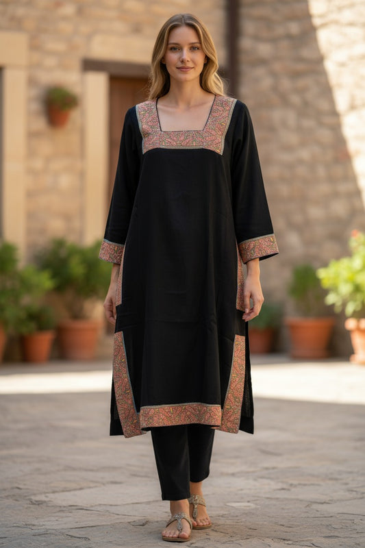Kashmiri Woolen Pheran with Traditional Embroidery - Black