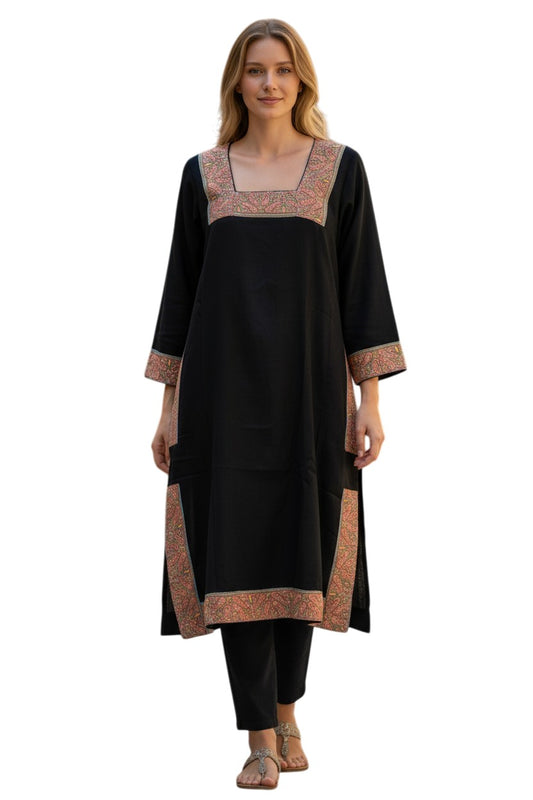 Kashmiri Woolen Pheran with Traditional Embroidery - Black