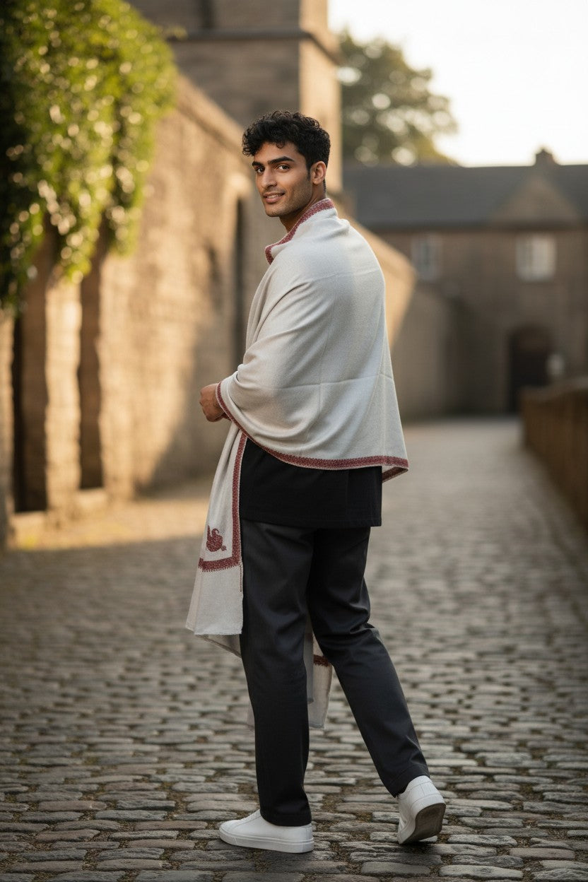 Kashmiri Wool Shawl for Men | Handcrafted Embroidery | Soft & Warm Winter Shawl | Traditional Ethnic Men’s Wrap - White