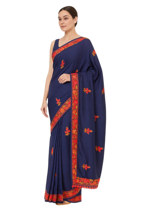 Women's Silk Sarees Embroidered with Kashmiri Aari work | Stylish Saree with Unstitched Blouse Pieces-Blue