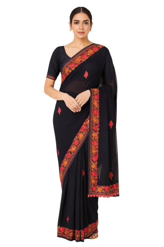 Women's Georgetta Sarees Embroidered with Kashmiri Aari work | Stylish Saree with Unstitched Blouse Pieces-Black
