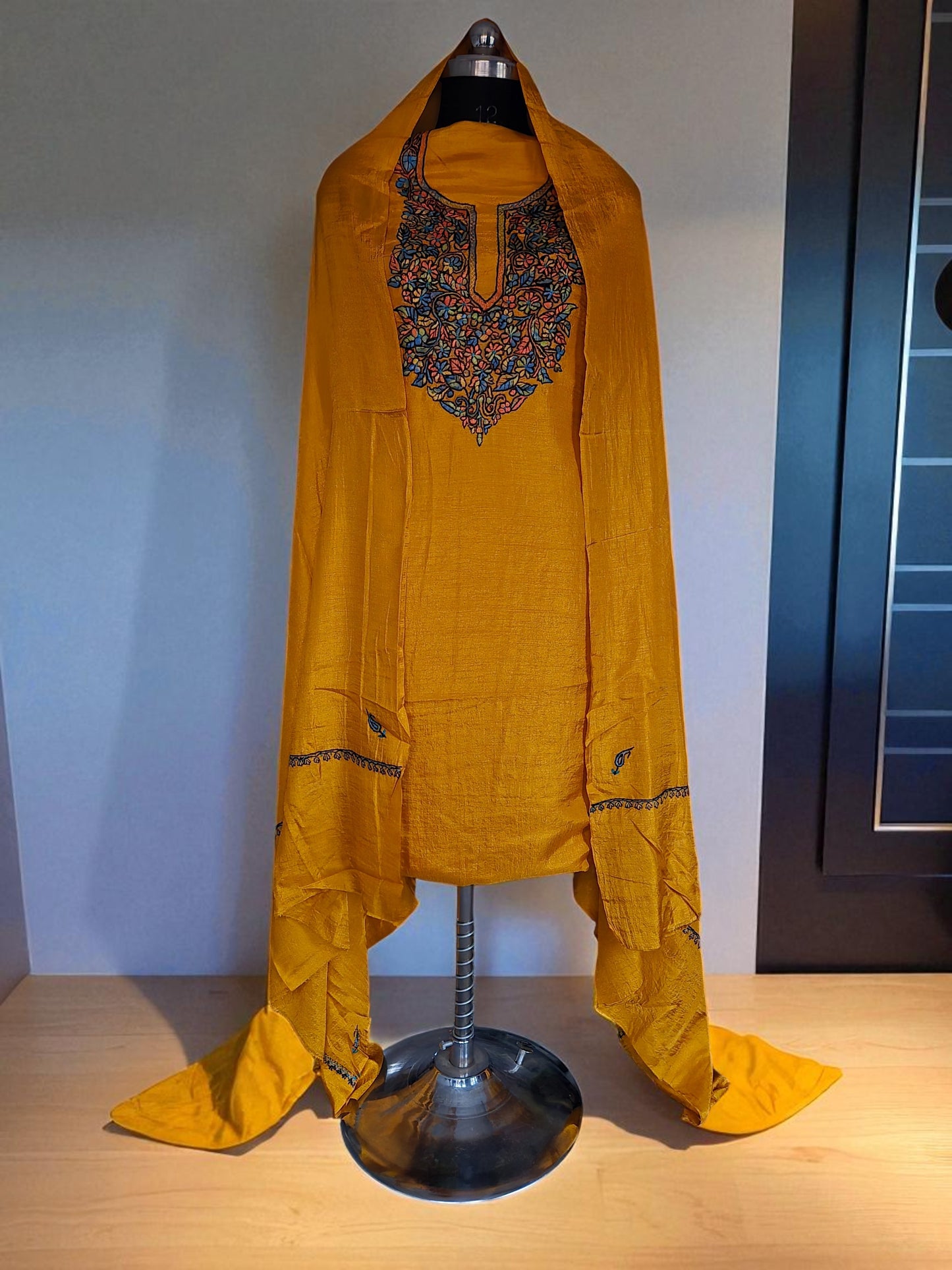 Women Silk Suits with Kashmiri Embroidery Unstitched Dress Material Salwar Suits -mustard