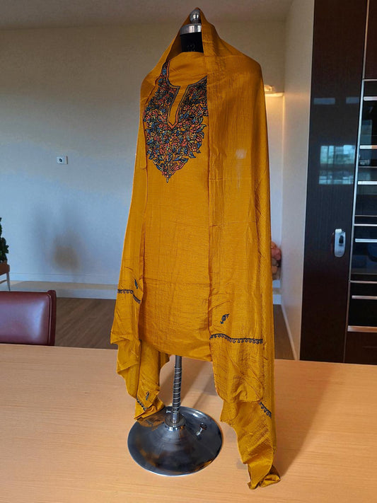 Women Silk Suits with Kashmiri Embroidery Unstitched Dress Material Salwar Suits -mustard