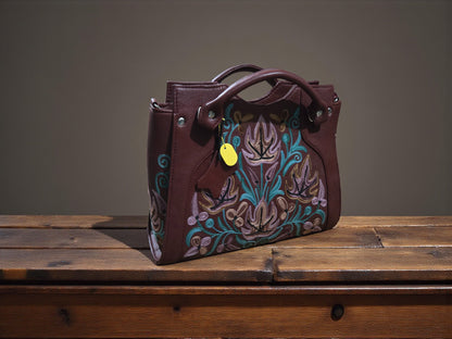 Women Leather Bag With Strap With Gorgeous Kashmiri Embroidery - Brown